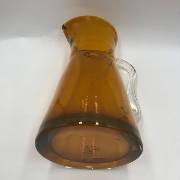 Vintage Amber Handblown Glass FTD Carafe Pitcher Clear Handle Serveware - Picture 7 of 15